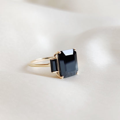 Natural Black Spinel Ring, 14K Solid Yellow Gold Black Spinel Ring, December Birthstone Ring, Black Spinel Jewelry, Emrald Cut Spinel Ring