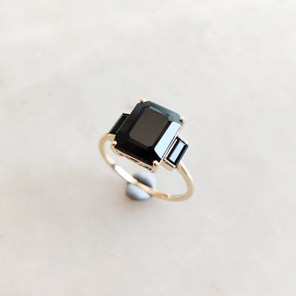 Natural Black Spinel Ring, 14K Solid Yellow Gold Black Spinel Ring, December Birthstone Ring, Black Spinel Jewelry, Emrald Cut Spinel Ring