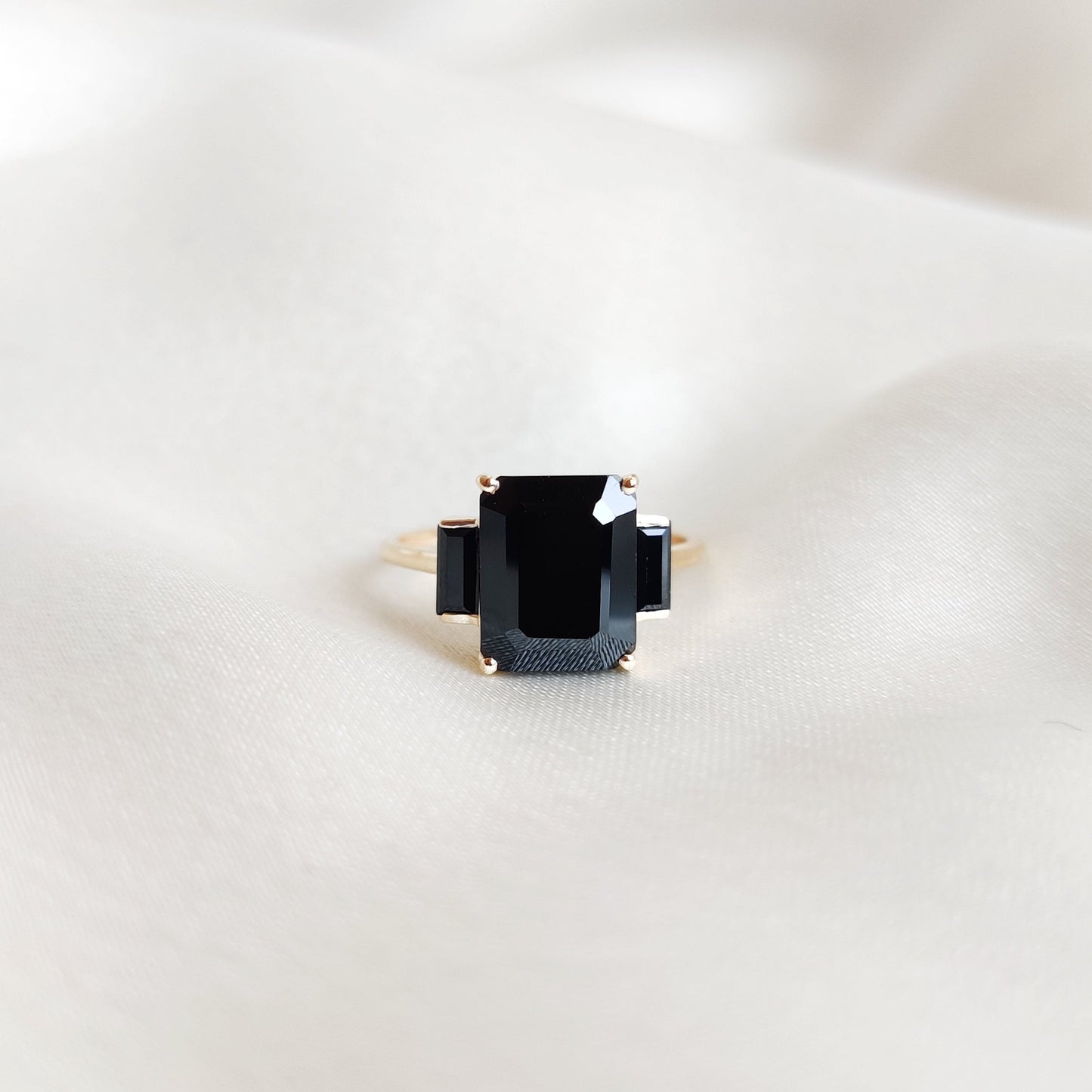 Natural Black Spinel Ring, 14K Solid Yellow Gold Black Spinel Ring, December Birthstone Ring, Black Spinel Jewelry, Emrald Cut Spinel Ring