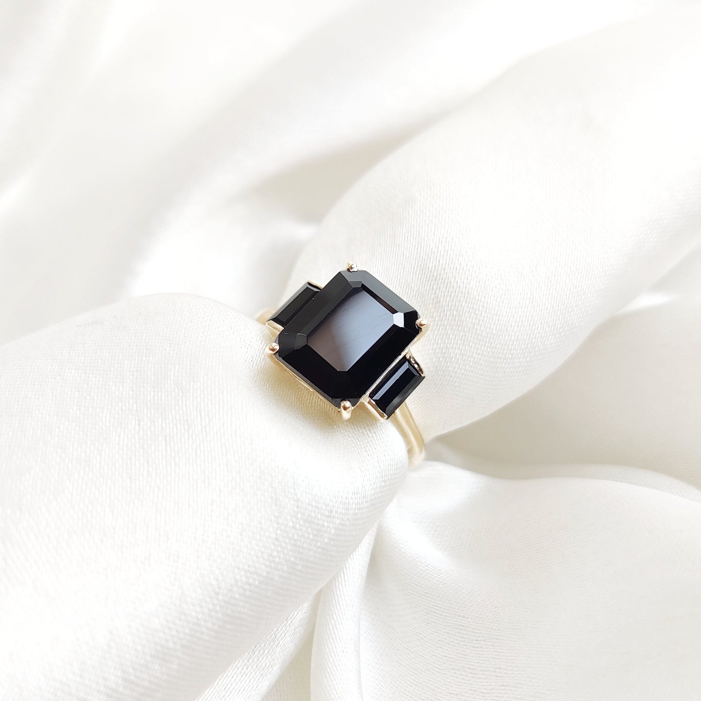 Natural Black Spinel Ring, 14K Solid Yellow Gold Black Spinel Ring, December Birthstone Ring, Black Spinel Jewelry, Emrald Cut Spinel Ring