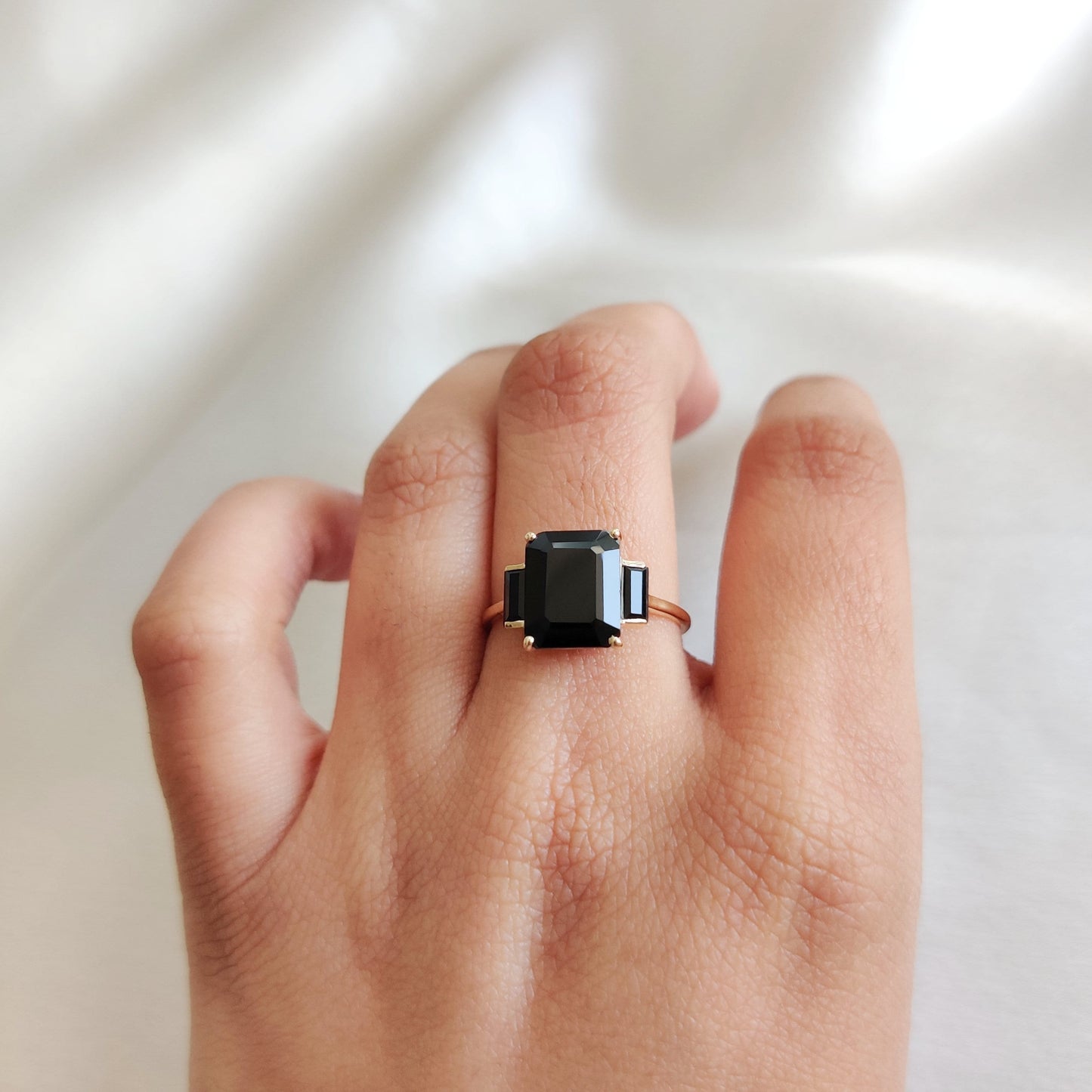 Natural Black Spinel Ring, 14K Solid Yellow Gold Black Spinel Ring, December Birthstone Ring, Black Spinel Jewelry, Emrald Cut Spinel Ring