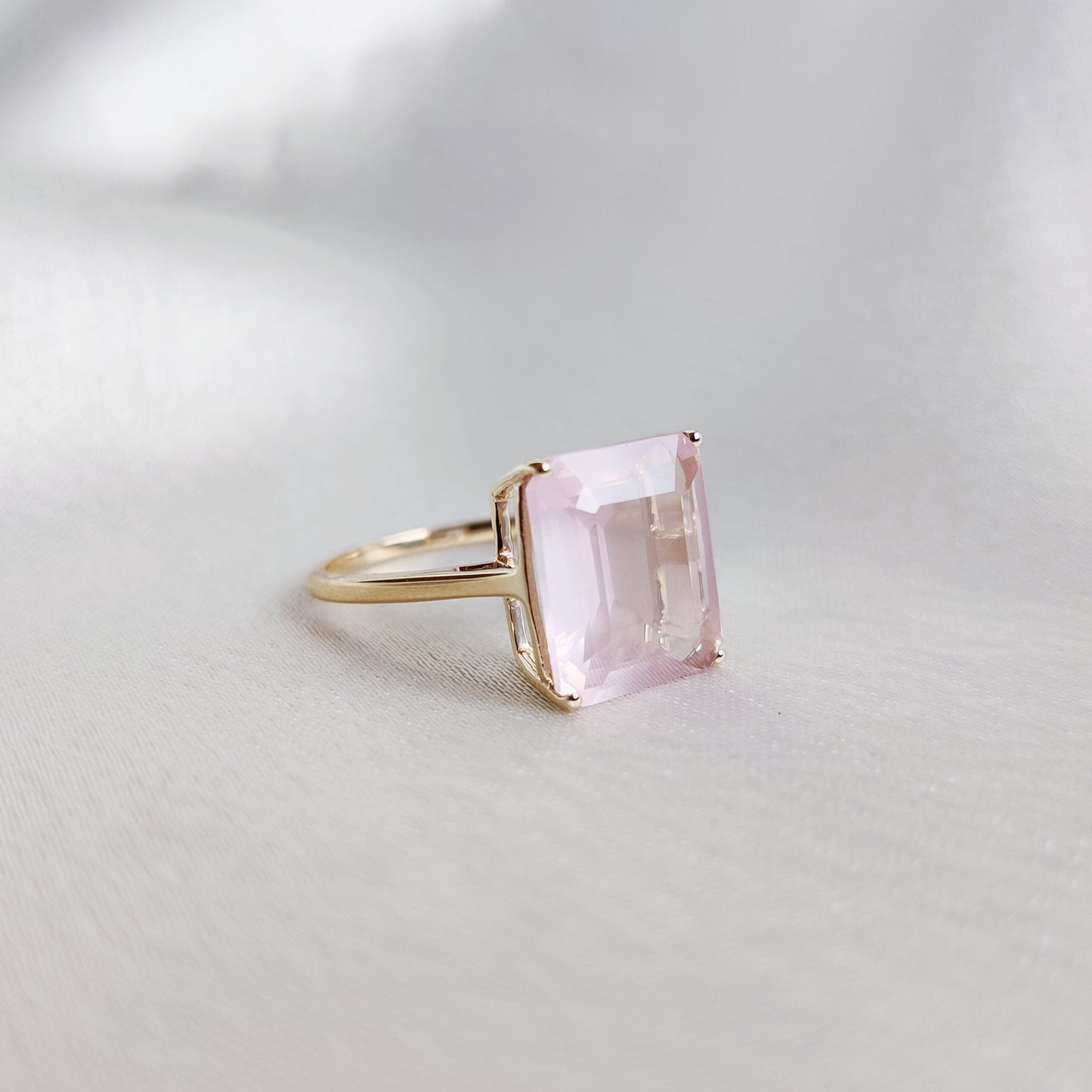 Natural Rose Quartz Ring, 14K Solid Yellow Gold Ring, January Birthstone Ring, Octagon Shape Rose Quartz Prong Ring, Rose Quartz Jewelry