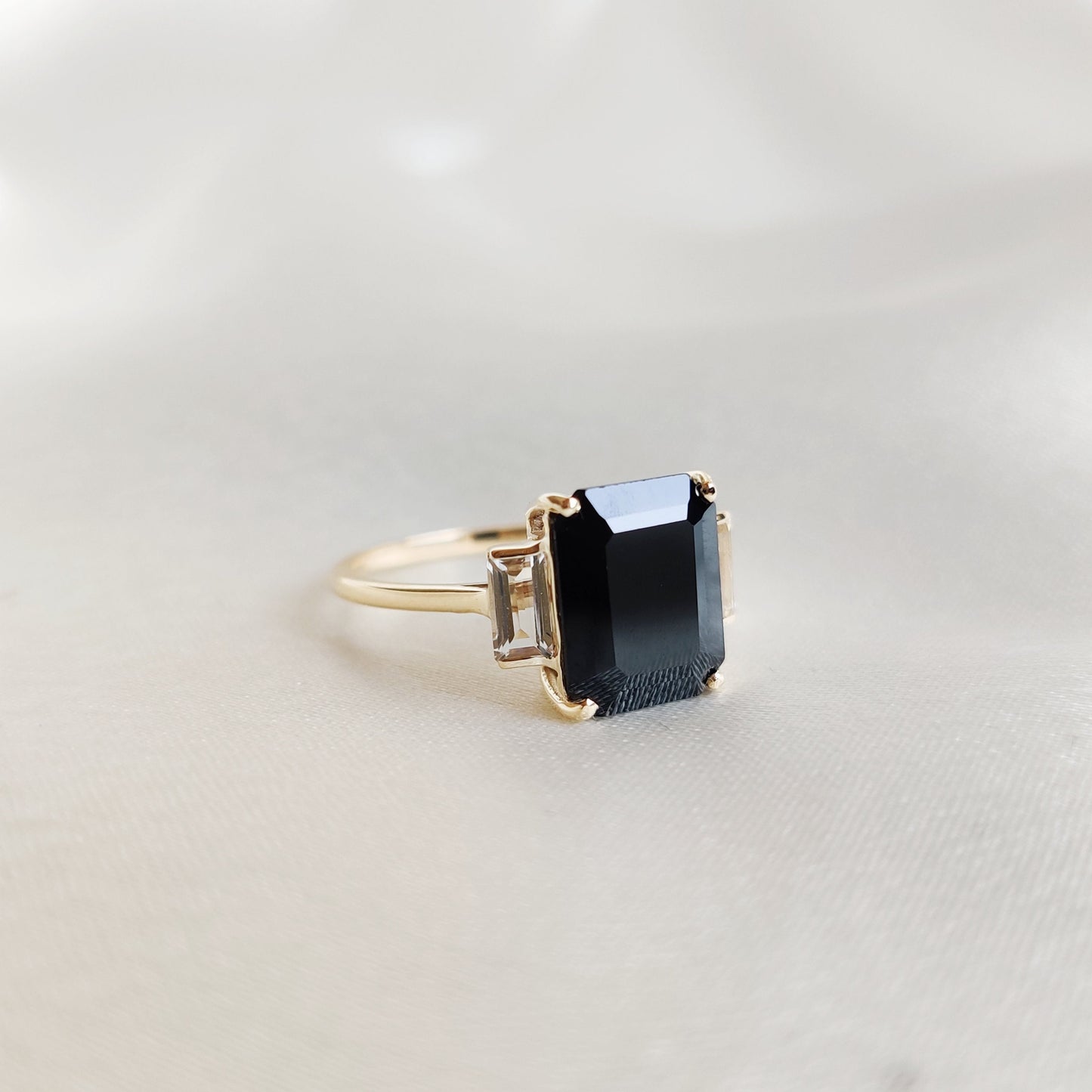 Natural Black Onyx & White Topaz Ring, 14K Solid Yellow Gold Ring, July Birthstone Ring, Multi Stone Ring, Dainty Gemstone Ring