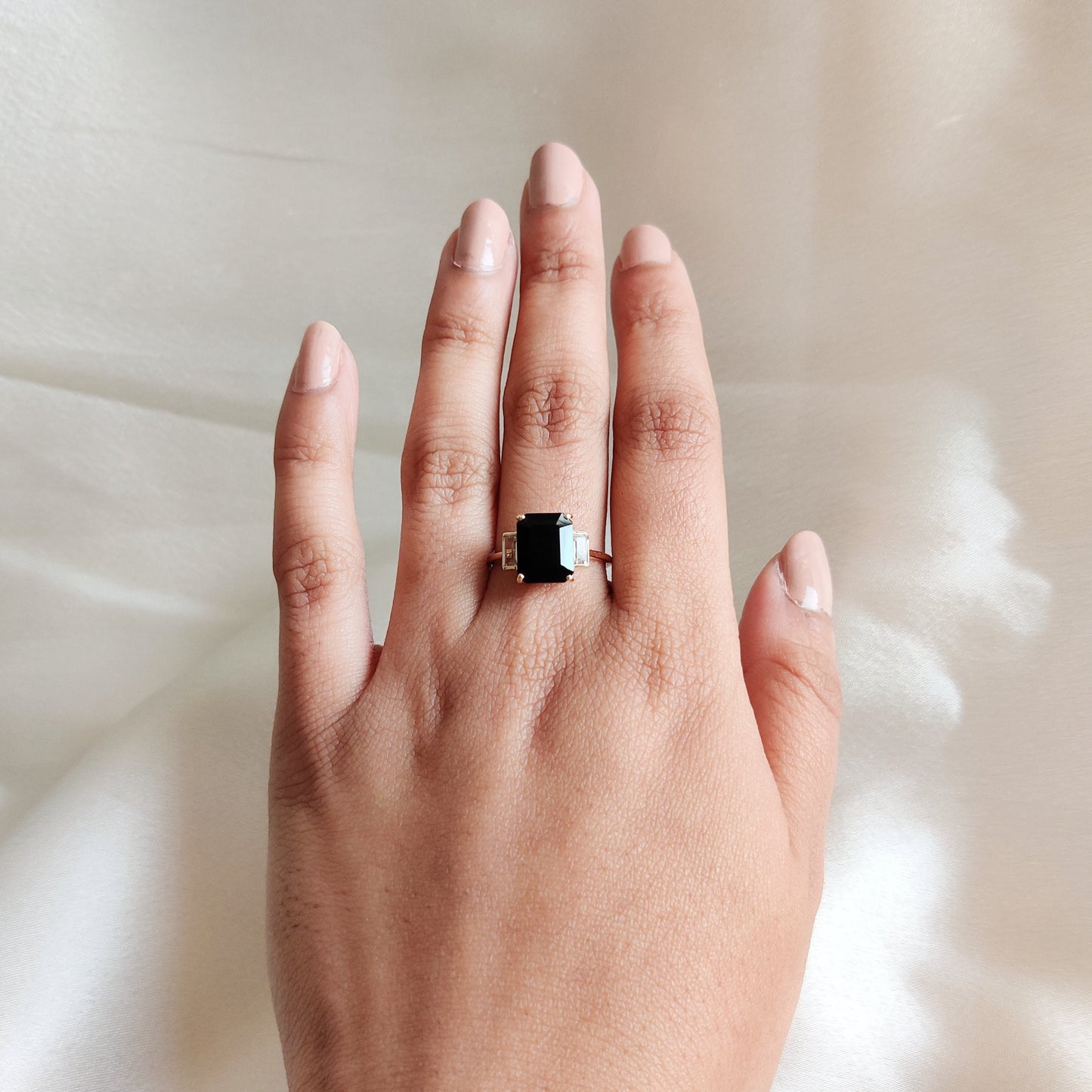 Natural Black Onyx & White Topaz Ring, 14K Solid Yellow Gold Ring, July Birthstone Ring, Multi Stone Ring, Dainty Gemstone Ring