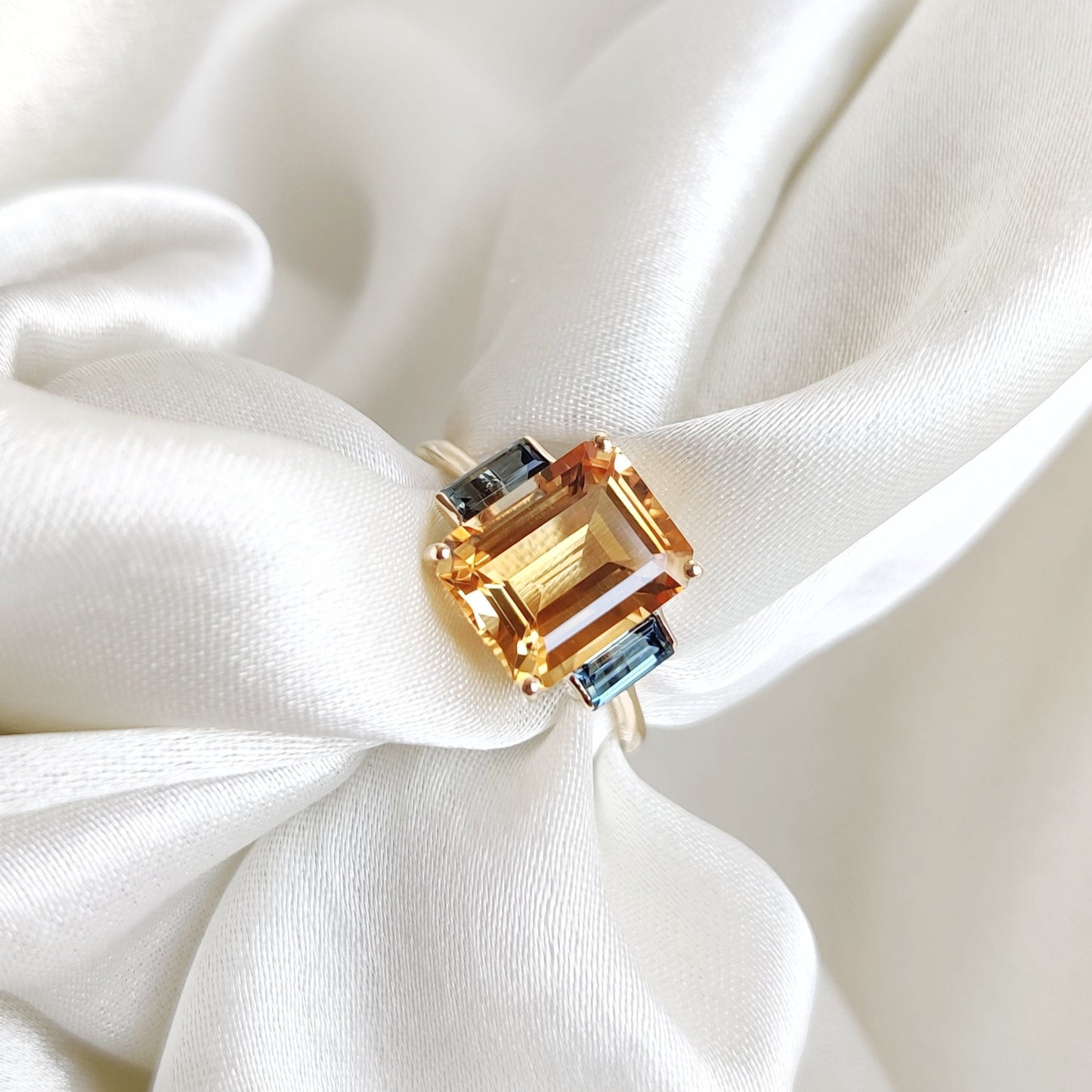 Natural Citrine London & London Blue Topaz Ring, 14K Solid Yellow Gold Ring, November Birthstone Ring, Multi Stone Ring, Birthday Present