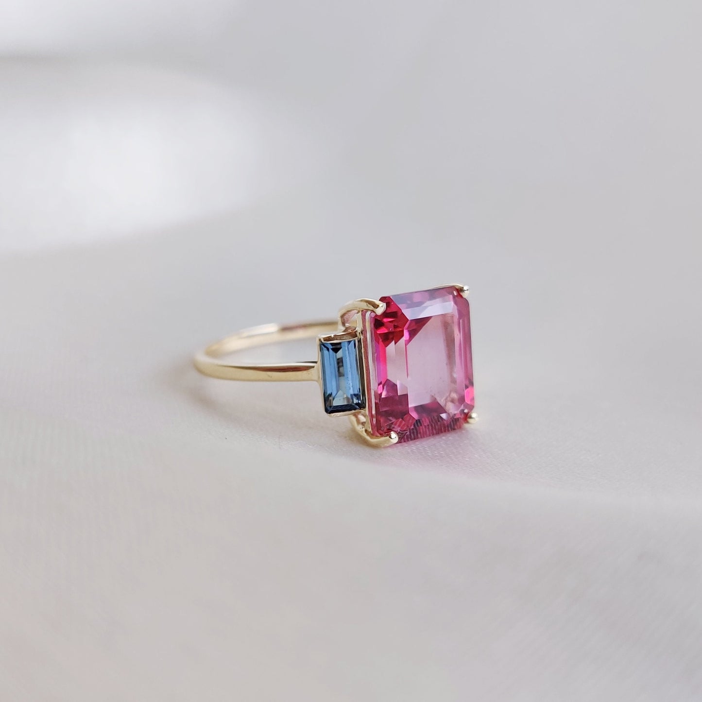 Natural Pink Topaz & London Blue Topaz Ring, 14K Solid Yellow Gold Ring, November Birthstone Ring, Multi Stone Gold Ring, Anniversary Gift