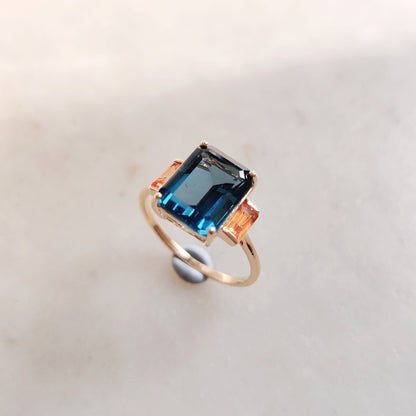 Natural London Blue Topaz & Orange Sapphire Ring, 14K Solid Yellow Gold Ring, Engagement Ring, September November Birthstone Ring