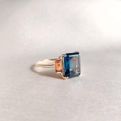 Natural London Blue Topaz & Orange Sapphire Ring, 14K Solid Yellow Gold Ring, Engagement Ring, September November Birthstone Ring