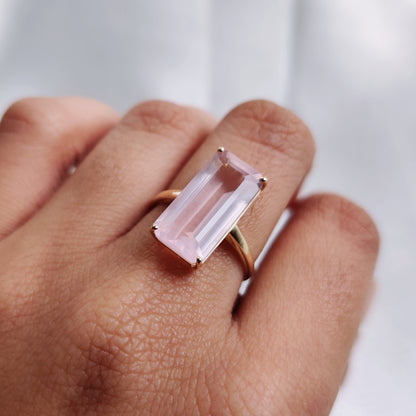 Natural Rose Quartz Ring, 14K Solid Yellow Gold Ring, January Birthstone Ring, Octagon Shape Rose Quartz Prong Ring, Rose Quartz Jewelry