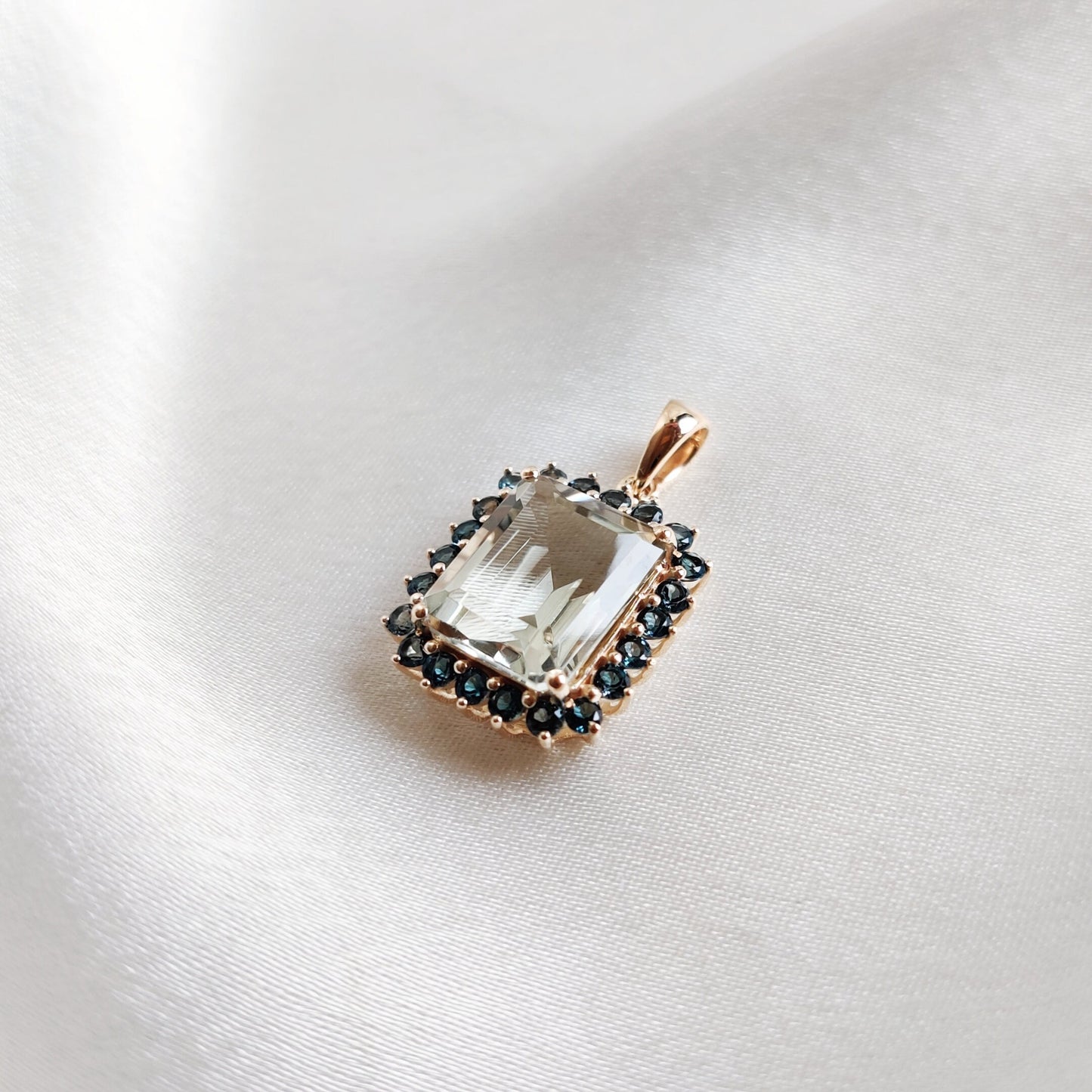 Natural Green Amethyst & London Blue Topaz Pendant, 14K Solid Yellow Gold Pendant, February Birthstone Pendant, Dainty Topaz Pendant