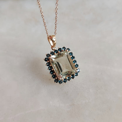 Natural Green Amethyst & London Blue Topaz Pendant, 14K Solid Yellow Gold Pendant, February Birthstone Pendant, Dainty Topaz Pendant