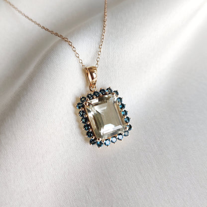 Natural Green Amethyst & London Blue Topaz Pendant, 14K Solid Yellow Gold Pendant, February Birthstone Pendant, Dainty Topaz Pendant