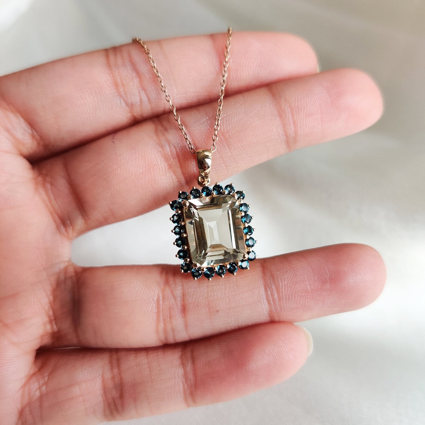 Natural Green Amethyst & London Blue Topaz Pendant, 14K Solid Yellow Gold Pendant, February Birthstone Pendant, Dainty Topaz Pendant