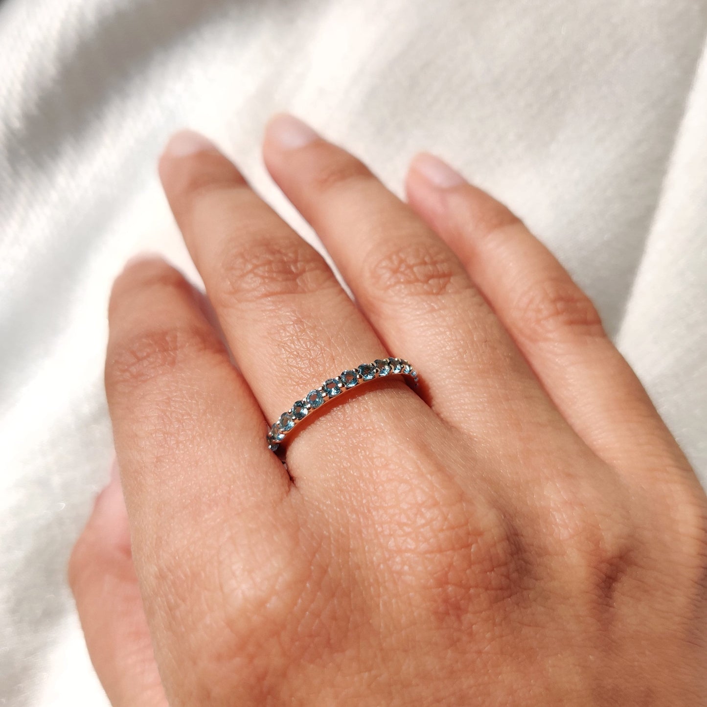 Natural Sky Blue Topaz Eternity Ring, 14K Solid Yellow Gold Infinity Band, Full Eternity Ring Blue Topaz, December Birthstone Ring