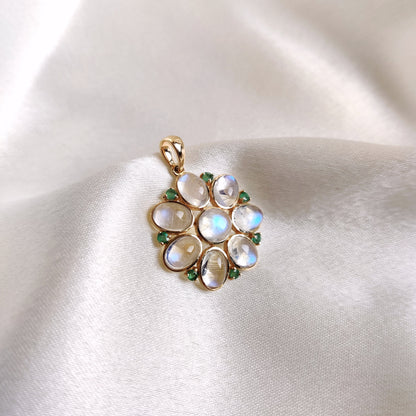 Natural Rainbow Moonstone & Emerald Pendant, 14K Solid Yellow Gold Pendant, June May Birthstone, Moonstone Flower Pendant, Birthday Present