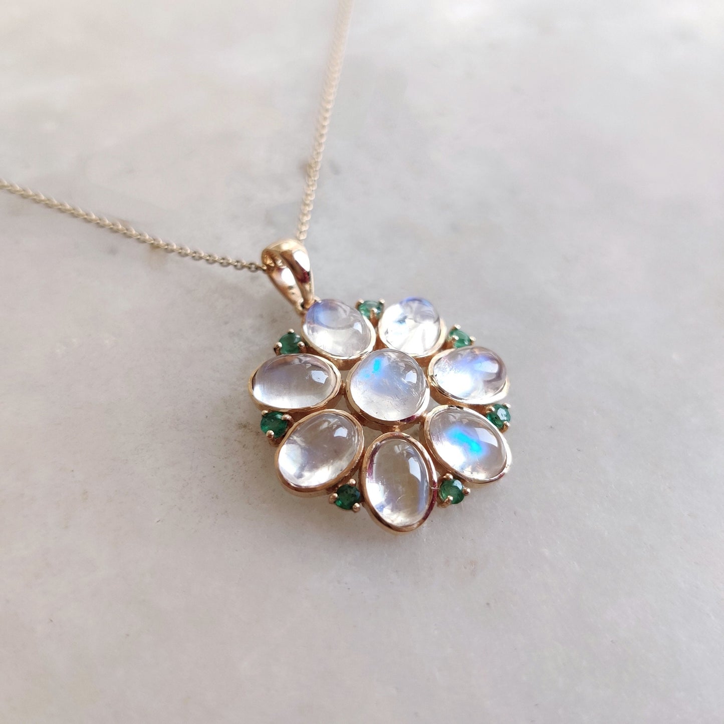 Natural Rainbow Moonstone & Emerald Pendant, 14K Solid Yellow Gold Pendant, June May Birthstone, Moonstone Flower Pendant, Birthday Present