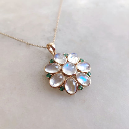 Natural Rainbow Moonstone & Emerald Pendant, 14K Solid Yellow Gold Pendant, June May Birthstone, Moonstone Flower Pendant, Birthday Present