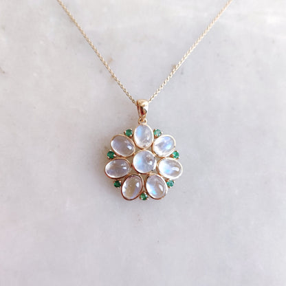 Natural Rainbow Moonstone & Emerald Pendant, 14K Solid Yellow Gold Pendant, June May Birthstone, Moonstone Flower Pendant, Birthday Present