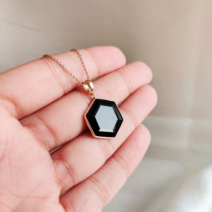 Natural Black Onyx Hexagon Pendant, 14K Solid Gold Yellow Onyx Pendant, Hexagon Pendant, December Birthstone Pendant, Dainty Onyx Pendant