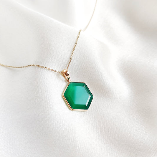 Natural Green Onyx Hexagon Pendant, 14K Solid Yellow Gold Onyx Pendant, Hexagon Pendant, May Birthstone Pendant, Green Onyx Jewelry