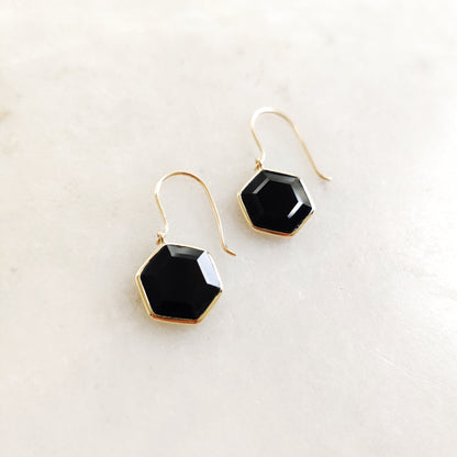 Natural Black Onyx Hexagon Earrings, 14K Solid Yellow Gold Earrings, December Birthstone Earrings,Dainty Onyx Earrings, Hexagon Cut Earrings