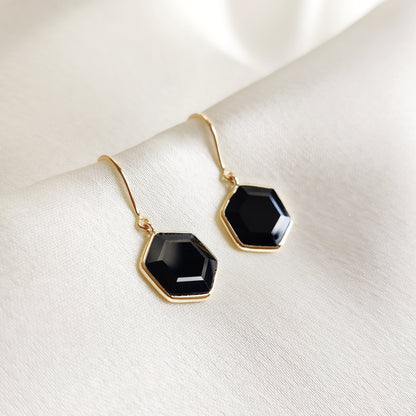 Natural Black Onyx Hexagon Earrings, 14K Solid Yellow Gold Earrings, December Birthstone Earrings,Dainty Onyx Earrings, Hexagon Cut Earrings