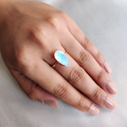 Natural Rainbow Moonstone Ring, 14K Solid Yellow Gold Moonstone Ring, June Birthstone Ring, Pear Cut Engagement Ring, Blue Moonstone Ring