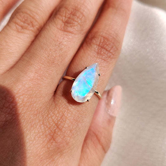 Natural Rainbow Moonstone Ring, 14K Solid Yellow Gold Moonstone Ring, June Birthstone Ring, Pear Cut Engagement Ring, Blue Moonstone Ring