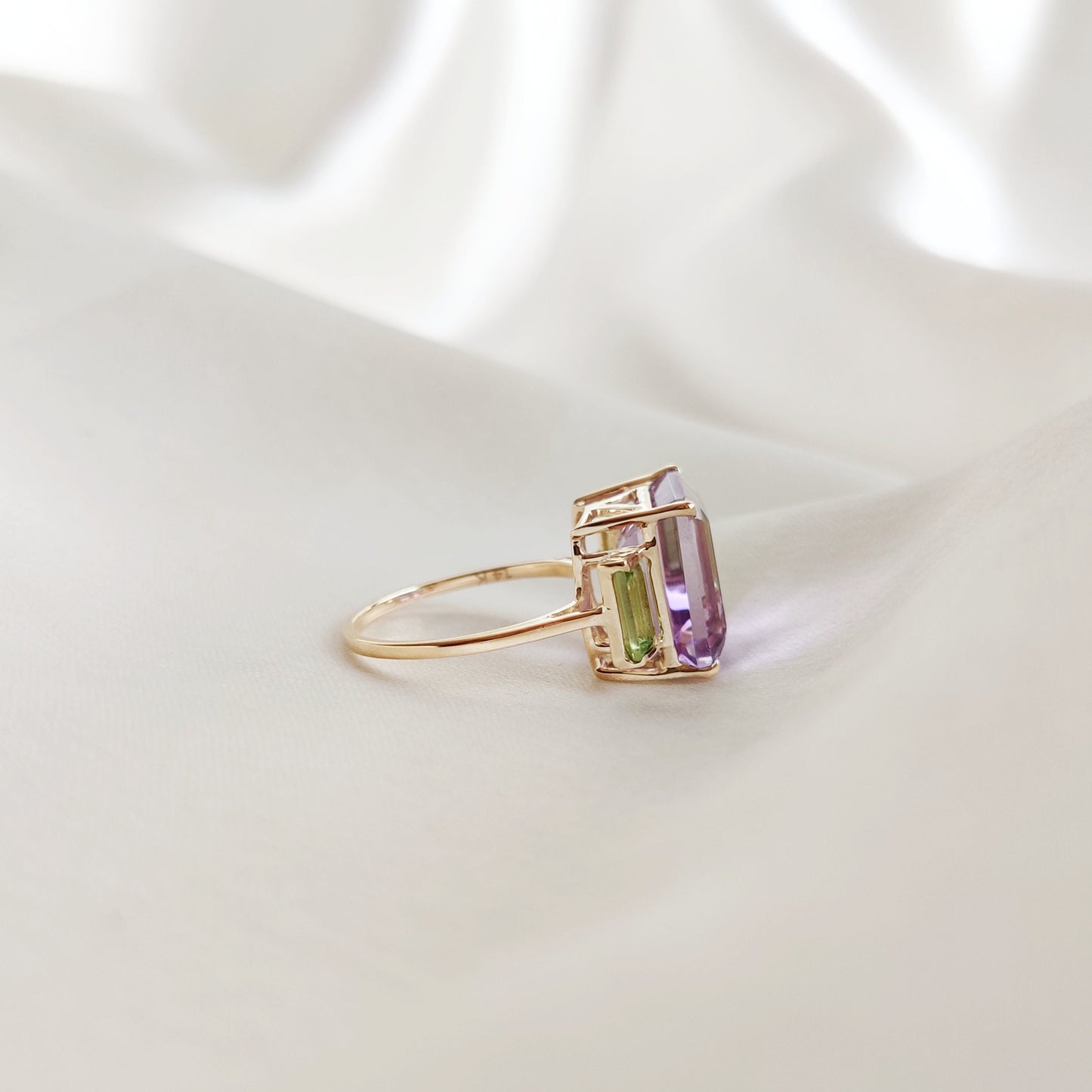 Natural Pink Amethyst & Peridot Ring, 14K Solid Yellow Gold Ring, February and August Birthstone, Multi Stone Ring, Dainty Amethyst Ring