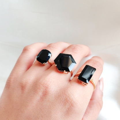 Natural Black Onyx Ring, 14K Solid Yellow Gold Ring, December Birthstone Ring, Cushion Cut Onyx Ring, Black Onyx Statement Ring