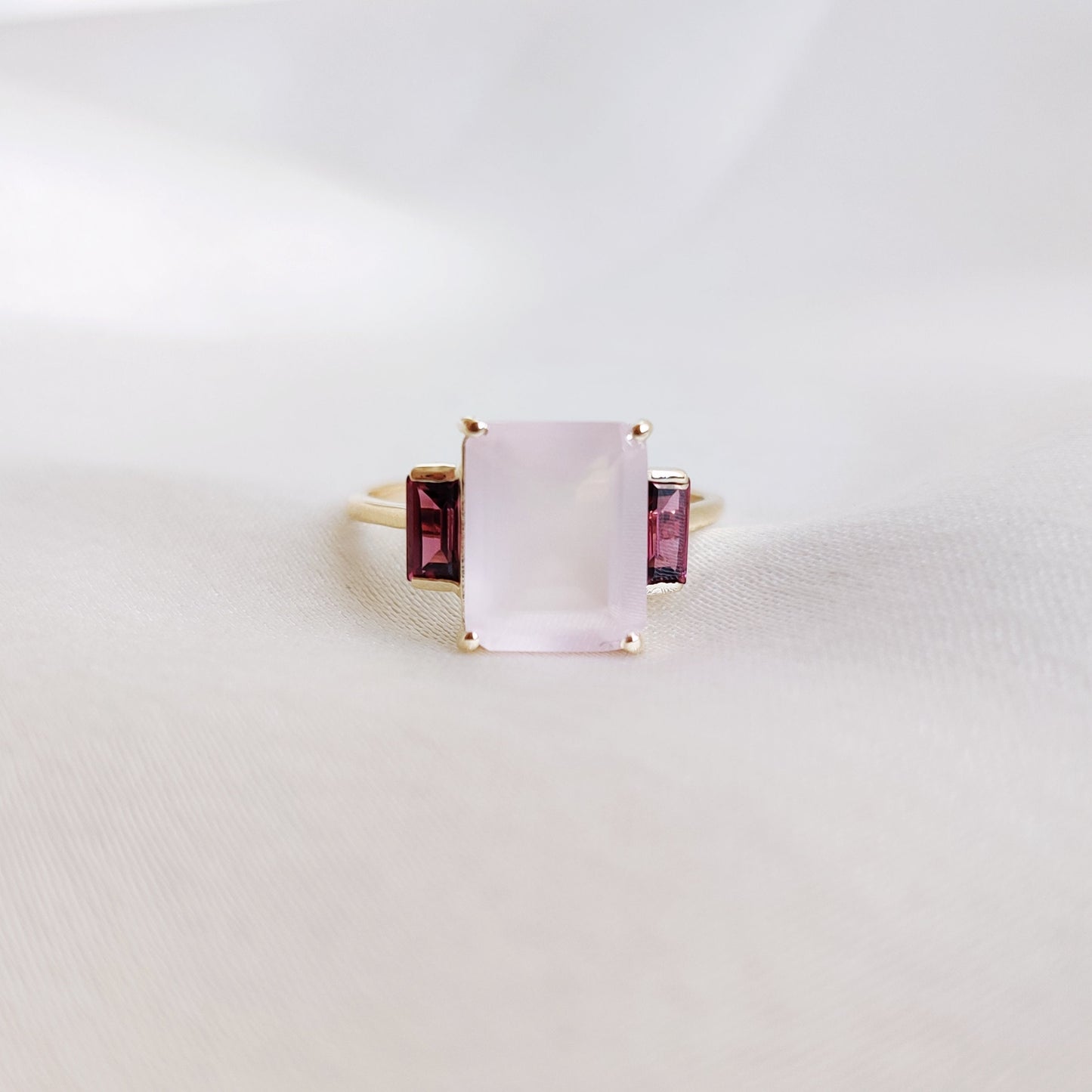 Natural Rose Quartz & Rhodolite Garnet Ring, 14K Solid Yellow Gold Ring, January Birthstone Ring, Dainty Multi Stone Ring, Wedding Ring