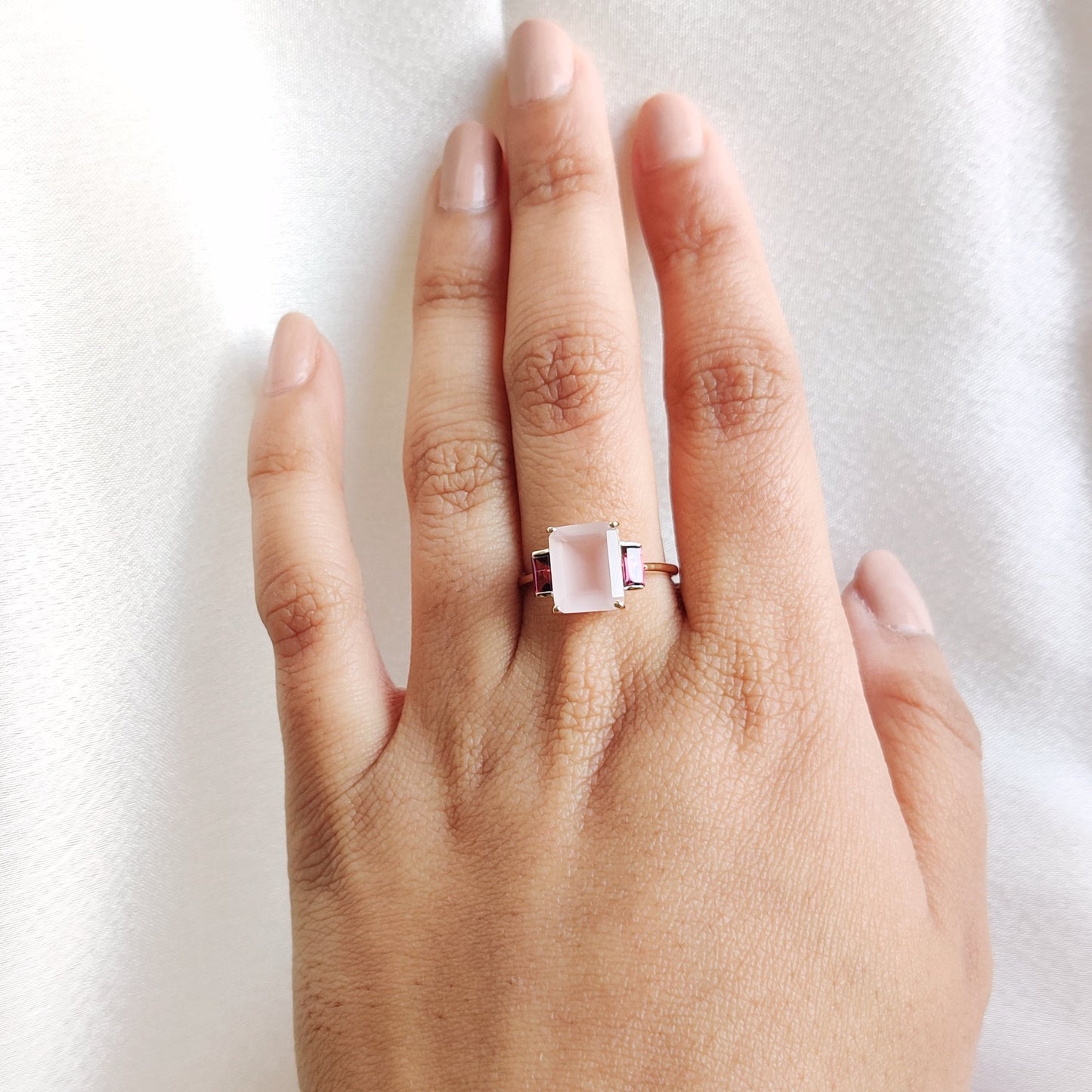 Natural Rose Quartz & Rhodolite Garnet Ring, 14K Solid Yellow Gold Ring, January Birthstone Ring, Dainty Multi Stone Ring, Wedding Ring