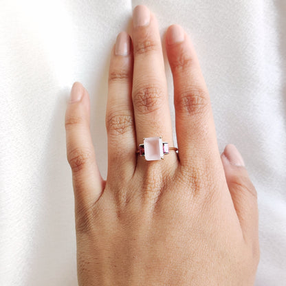 Natural Rose Quartz & Rhodolite Garnet Ring, 14K Solid Yellow Gold Ring, January Birthstone Ring, Dainty Multi Stone Ring, Wedding Ring