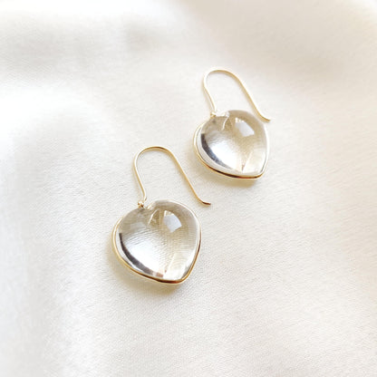 Natural Clear Quartz Heart Earrings, 14K Solid Yellow Gold Earring, April Birthstone Earrings, Heart Shape Crystal Earrings,Anniversary Gift