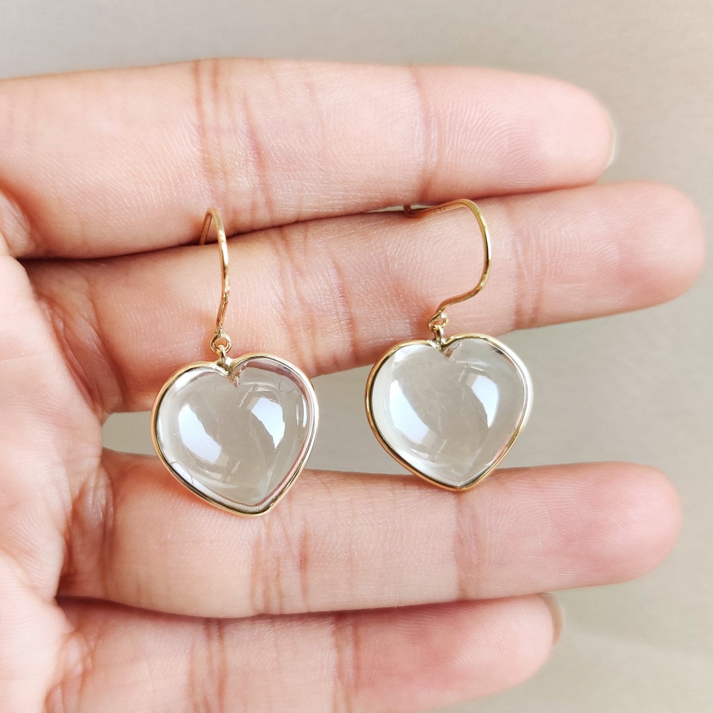 Natural Clear Quartz Heart Earrings, 14K Solid Yellow Gold Earring, April Birthstone Earrings, Heart Shape Crystal Earrings,Anniversary Gift