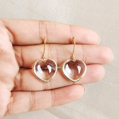 Natural Clear Quartz Heart Earrings, 14K Solid Yellow Gold Earring, April Birthstone Earrings, Heart Shape Crystal Earrings,Anniversary Gift