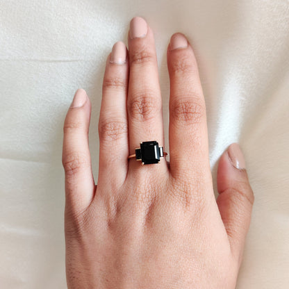 Natural Black Spinel Ring, 14K Solid Yellow Gold Black Spinel Ring, December Birthstone Ring, Black Spinel Jewelry, Emrald Cut Spinel Ring