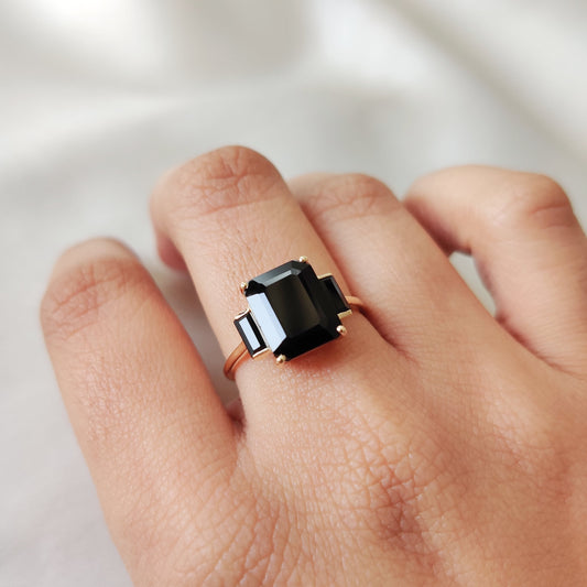 Natural Black Spinel Ring, 14K Solid Yellow Gold Black Spinel Ring, December Birthstone Ring, Black Spinel Jewelry, Emrald Cut Spinel Ring