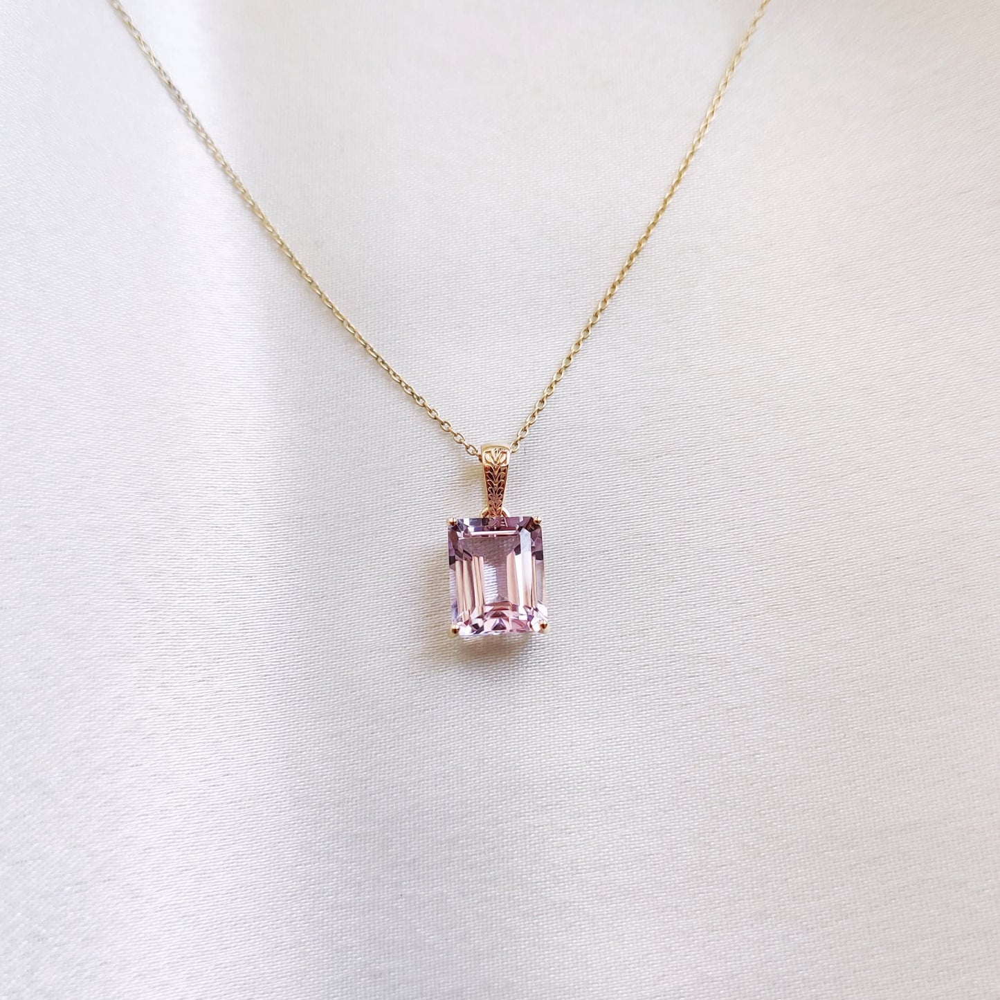 Natural Pink Amethyst Pendant, 14K Solid Yellow Gold Amethyst Pendant, Emerald Cut Pendant, February Birthstone, Pink Amethyst Jewelry