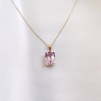 Natural Pink Amethyst Pendant, 14K Solid Yellow Gold Amethyst Pendant, Emerald Cut Pendant, February Birthstone, Pink Amethyst Jewelry