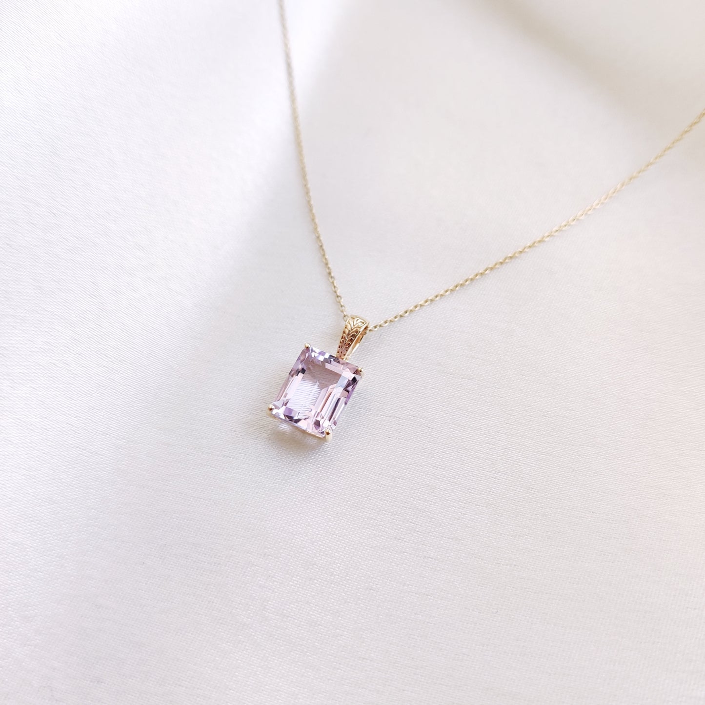 Natural Pink Amethyst Pendant, 14K Solid Yellow Gold Amethyst Pendant, Emerald Cut Pendant, February Birthstone, Pink Amethyst Jewelry