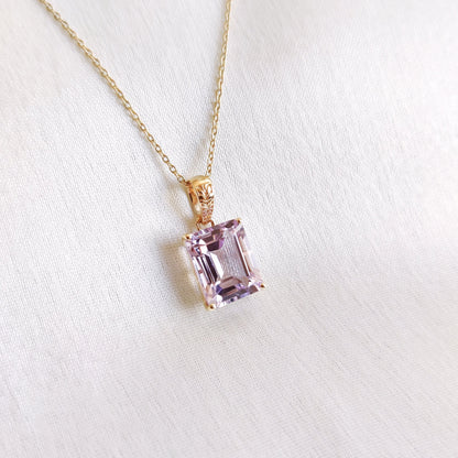 Natural Pink Amethyst Pendant, 14K Solid Yellow Gold Amethyst Pendant, Emerald Cut Pendant, February Birthstone, Pink Amethyst Jewelry