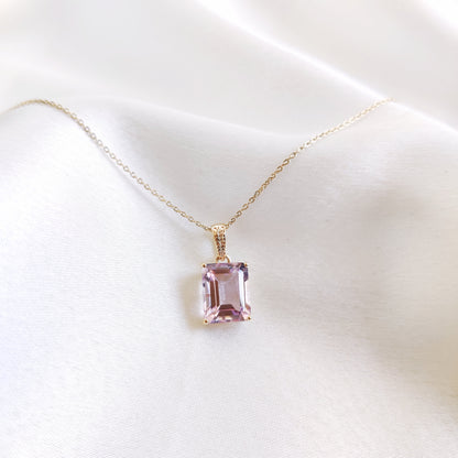 Natural Pink Amethyst Pendant, 14K Solid Yellow Gold Amethyst Pendant, Emerald Cut Pendant, February Birthstone, Pink Amethyst Jewelry