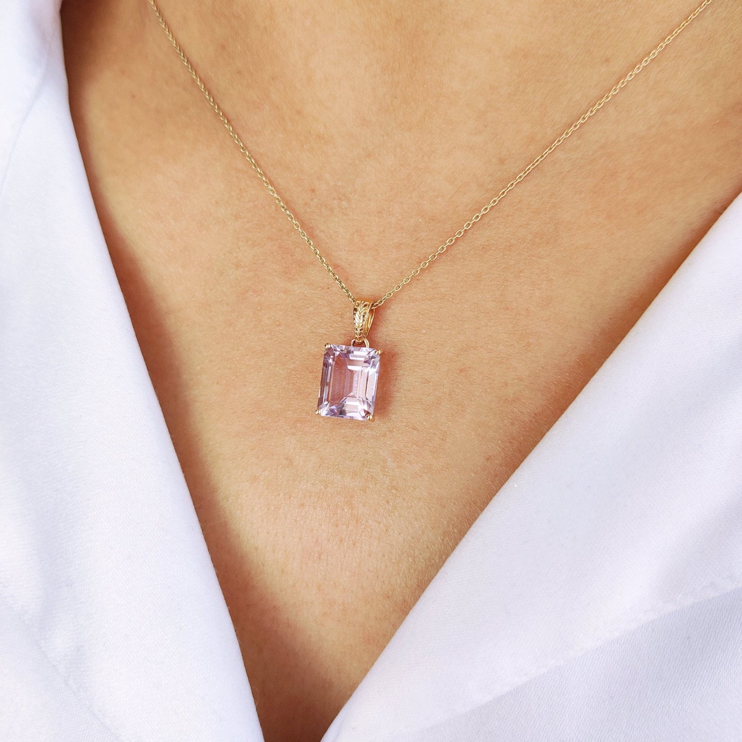 Natural Pink Amethyst Pendant, 14K Solid Yellow Gold Amethyst Pendant, Emerald Cut Pendant, February Birthstone, Pink Amethyst Jewelry