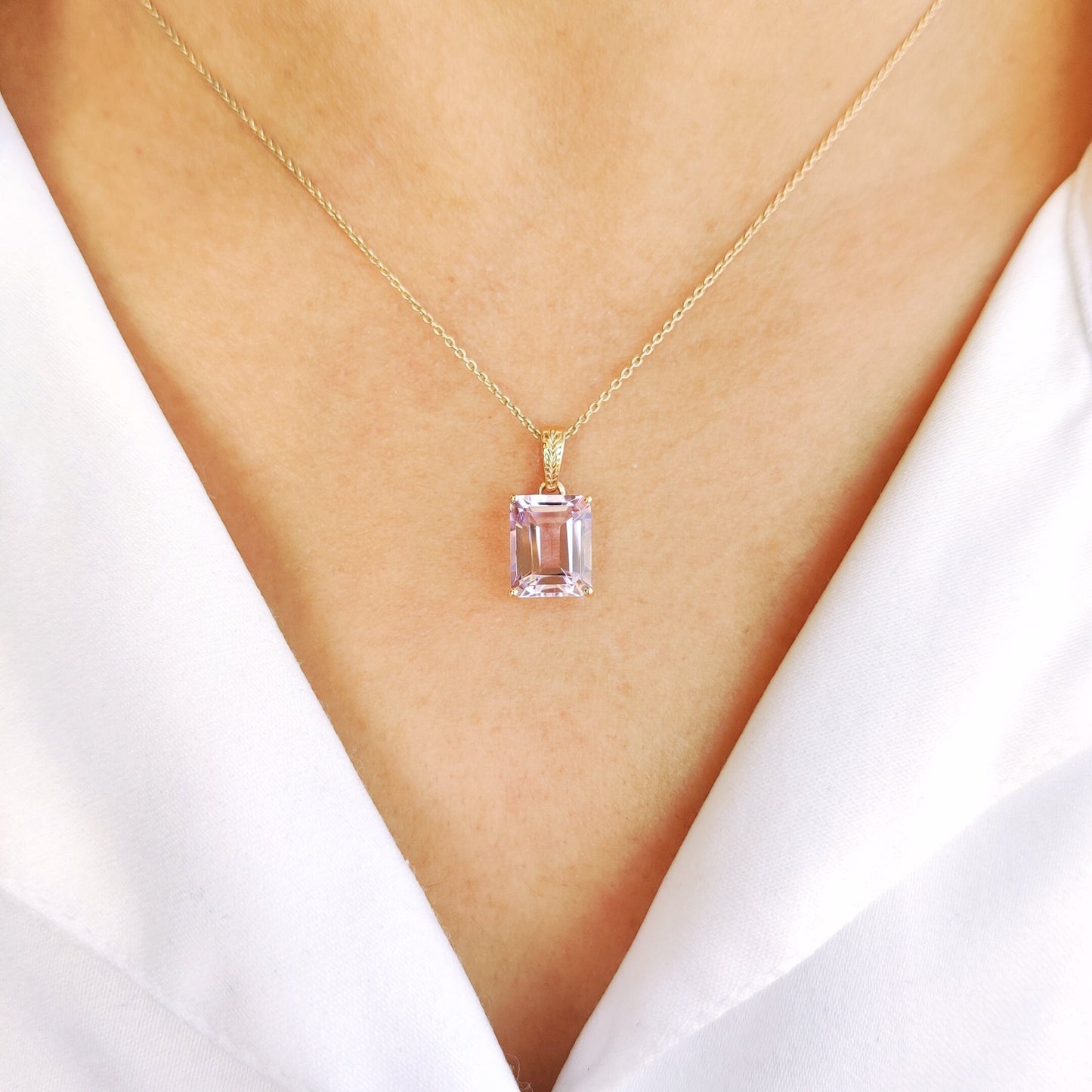 Natural Pink Amethyst Pendant, 14K Solid Yellow Gold Amethyst Pendant, Emerald Cut Pendant, February Birthstone, Pink Amethyst Jewelry