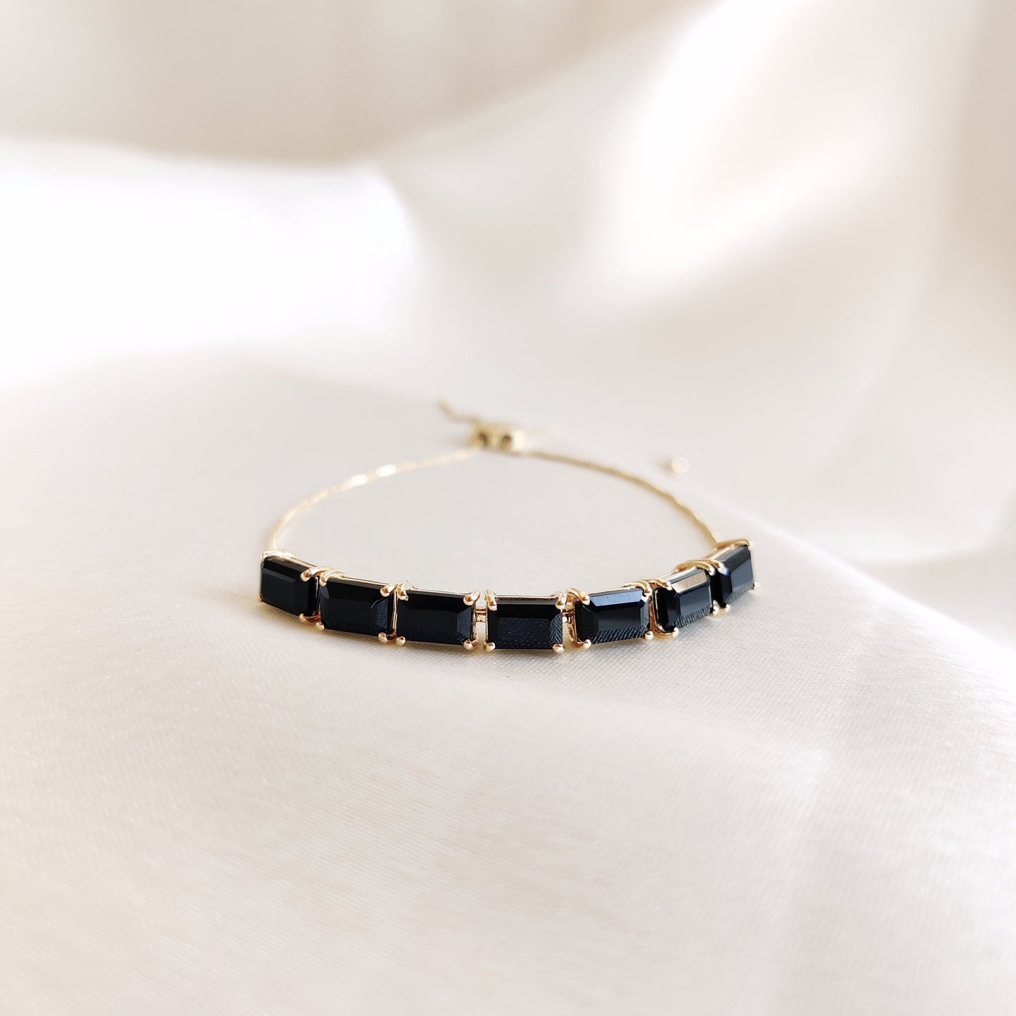 Natural Black Onyx Bolo Bracelet, 14K Solid Yellow Gold Onyx Bracelet, Dainty Bolo Bracelet, Black Onyx Gold Bracelet, December Birthstone