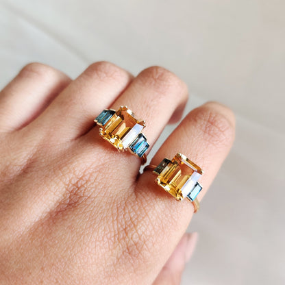 Natural Citrine London & London Blue Topaz Ring, 14K Solid Yellow Gold Ring, November Birthstone Ring, Multi Stone Ring, Birthday Present