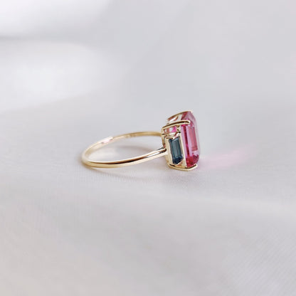 Natural Pink Topaz & London Blue Topaz Ring, 14K Solid Yellow Gold Ring, November Birthstone Ring, Multi Stone Gold Ring, Anniversary Gift