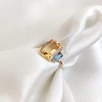 Natural Citrine London & London Blue Topaz Ring, 14K Solid Yellow Gold Ring, November Birthstone Ring, Multi Stone Ring, Birthday Present