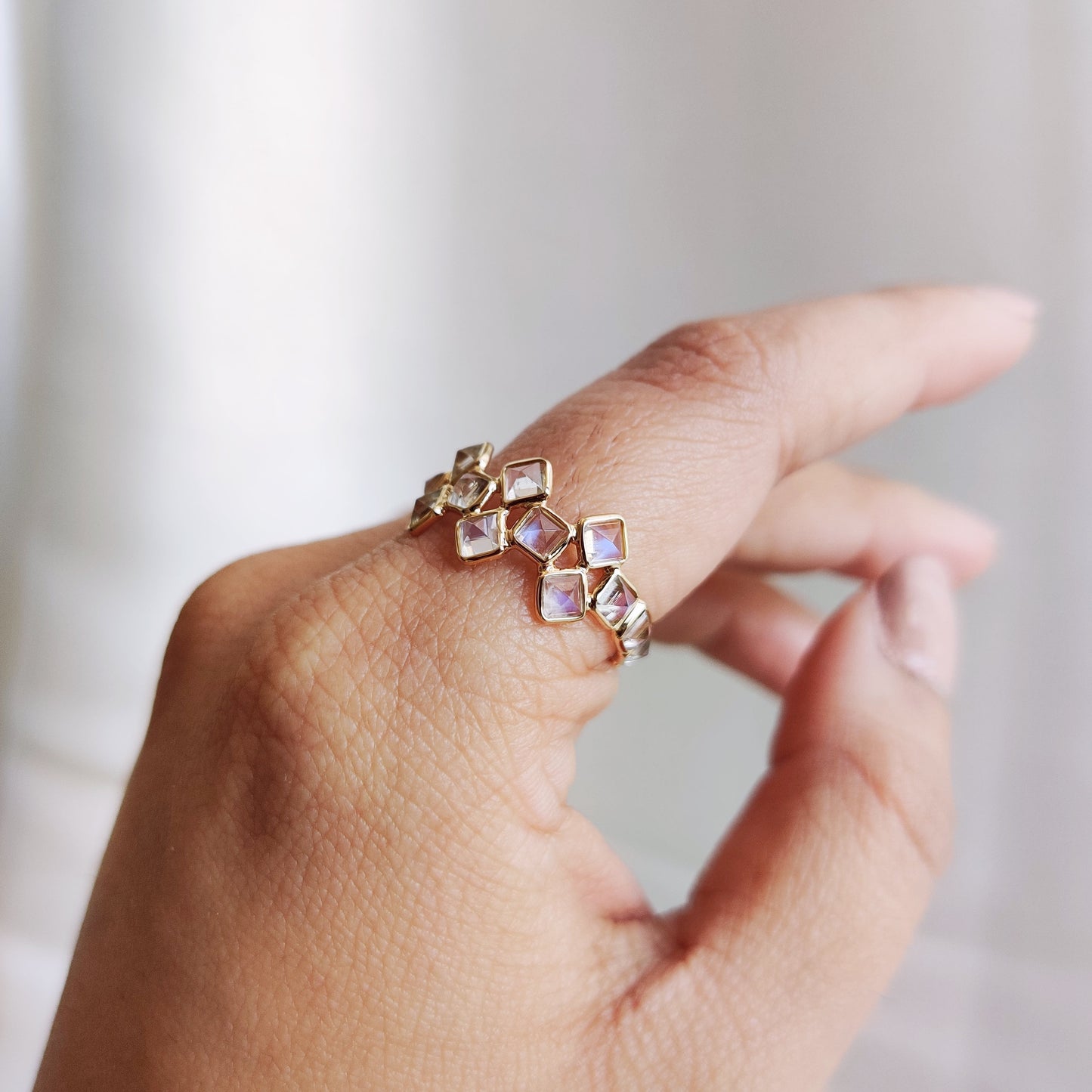 Natural Rainbow Moonstone Ring, Solid Gold Moonstone Ring, Rainbow Moonstone Bezel Ring, Infinity Ring, June Birthstone Ring